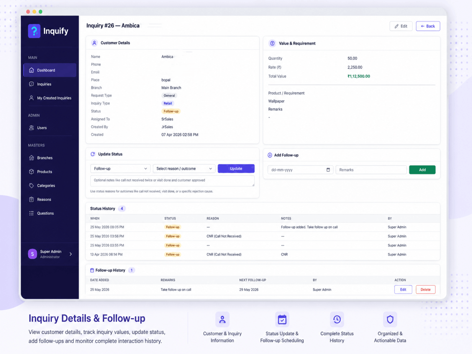 Inquify Inquiry Detail with Status & Follow-up History