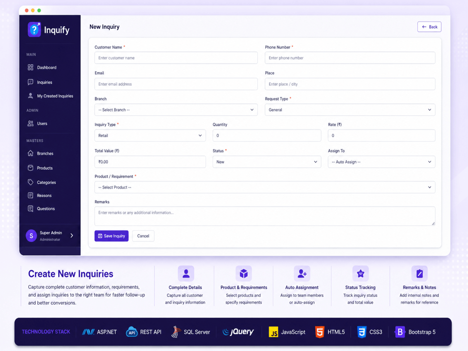 Inquify New Inquiry Form