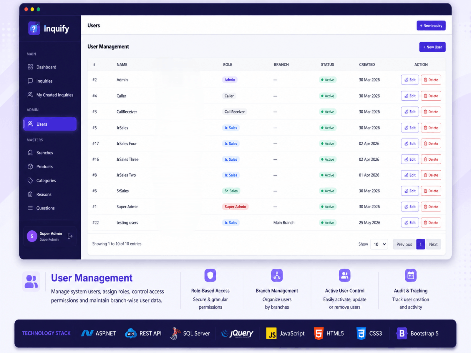 Inquify User Management & Roles Screen