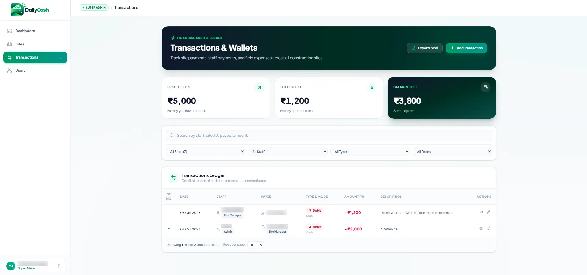 Finance web portal transactions ledger with wallet balances, filters and Excel export